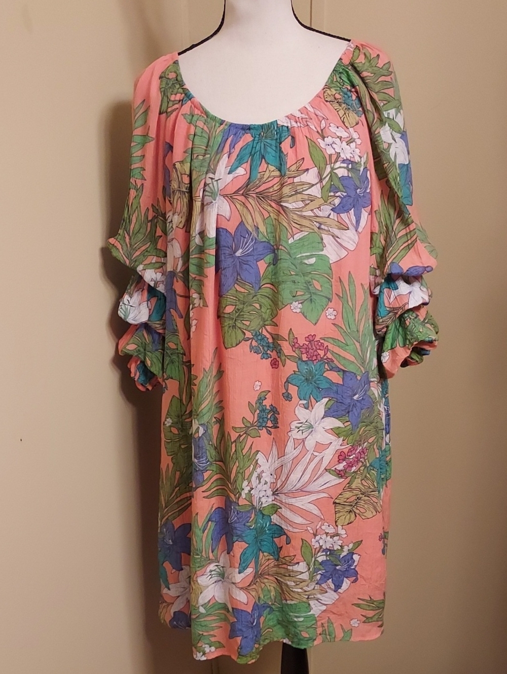 Coral Floral Summer Dress With Ruffled Sleeves